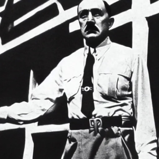 Prompt: woodie Allen as Adolf hitler, movie still,