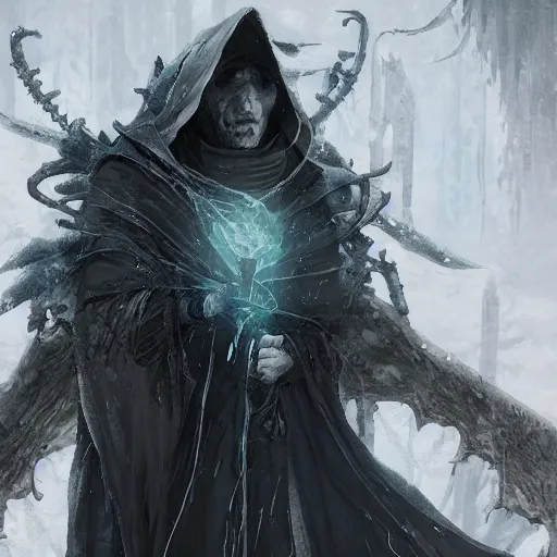 Image similar to hooded witch hunter frost mage ice wizard cold sorcerer portrait render unreal engine illustration, stephan matiniere, anato finnstark, yoshitaka amano, akihiko yoshida, takato yamamoto, ismail inceoglu, shingo matsunuma.