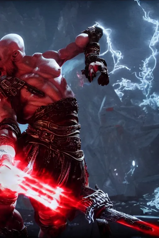 Image similar to red left eye stripe, armored screaming kratos rocking out on a flaming stratocaster guitar, cinematic render, god of war 2 0 1 8, playstation studios official media, lightning, flames, clear, coherent