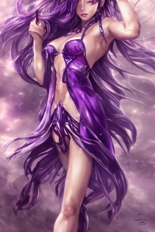Prompt: a very beautiful mature raiden of genshin impact, full body, long wavy purple hair, purple eyes, full round face, bikini, miniskirt, front view, mid - shot, cute pose, highly detailed, cinematic wallpaper by stanley artgerm lau