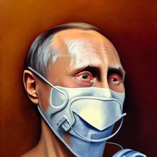 Image similar to hyperrealistic painting of very ill Vladimir Putin wearing an oxygen mask on a death bed inhaling from Copium tank, dimly lit cozy tavern, leather tunic, confident relaxed pose, d&d, stunning 3d render inspired art by Tim Okamura and Lise Deharme + perfect facial symmetry + dim volumetric lighting, 8k octane beautifully detailed render, post-processing, extremely hyperdetailed, intricate, epic composition, grim yet sparkling atmosphere, cinematic lighting + masterpiece, trending on artstation, very very detailed, masterpiece, stunning