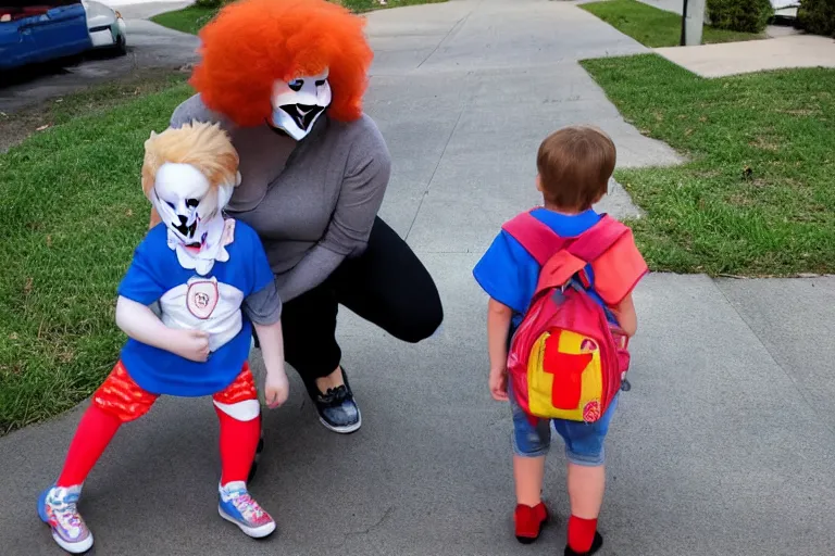 Image similar to pennywise first day of kindergarten with his mom