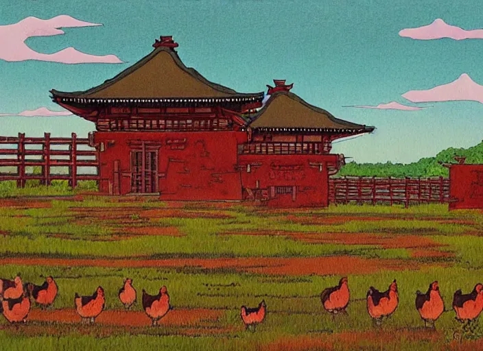 Image similar to red and brown japanese fort in a meadow with chickens by studio ghibli painting