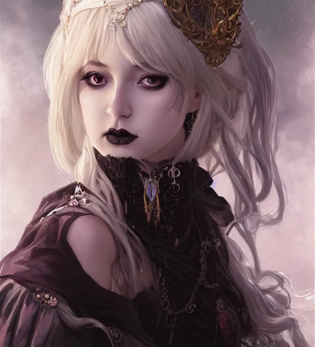 Image similar to portrait of of young beautiful female princess, d & d, centered face, gothic dress, elegant, shiny lips, flat lighting, intricate, highly detailed, digital painting, artstation, concept art, smooth, sharp focus, illustration, closeup, misa amane, art by simon bisley and greg rutkowski and alphonse mucha, natural tpose