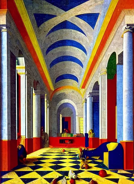 Image similar to renaissance painting of a room in central perspective marble checkered floor and bright colors, geometrically precise in the style of piero della francesca, primary colors, happy color palette