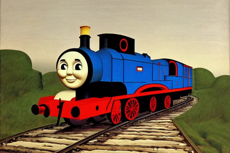 Image similar to thomas the tank engine by rene magritte