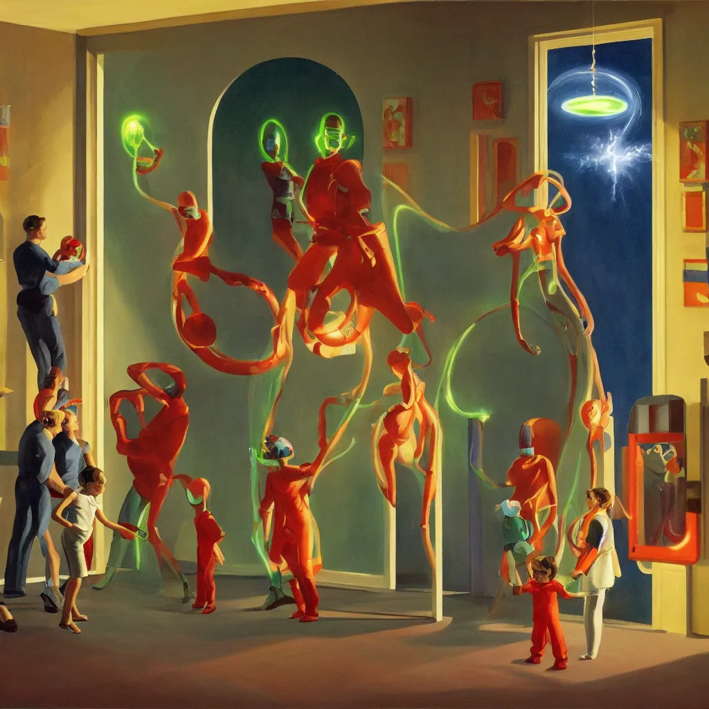 Prompt: painting of a costumed family being shown how to open portals by a large glowing alien in their suburban living room maze, designed by gucci, energetic glowing orbs in the air, in the style of edward hopper and james jean