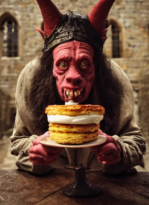 Image similar to closeup portrait of a medieval goblin eating cakes in the cloisters, depth of field, zeiss lens, detailed, symmetrical, centered, fashion photoshoot, by Annie Leibovitz and Steve McCurry, David Lazar, Jimmy Nelsson, Breathtaking, 8k resolution, extremely detailed, beautiful, establishing shot, artistic, hyperrealistic, beautiful face, octane render