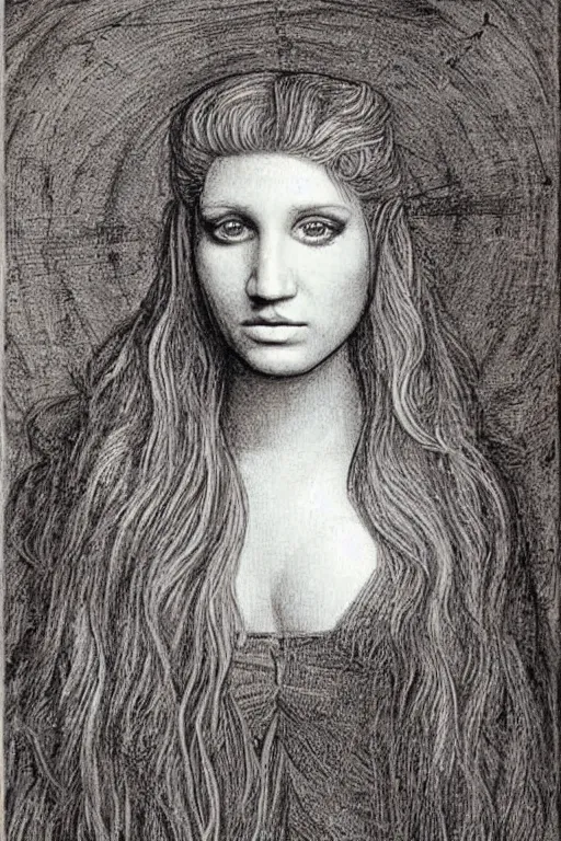 Image similar to a portrait of kesha in the style of leonardo da vinci drawing,, single head, no double head,