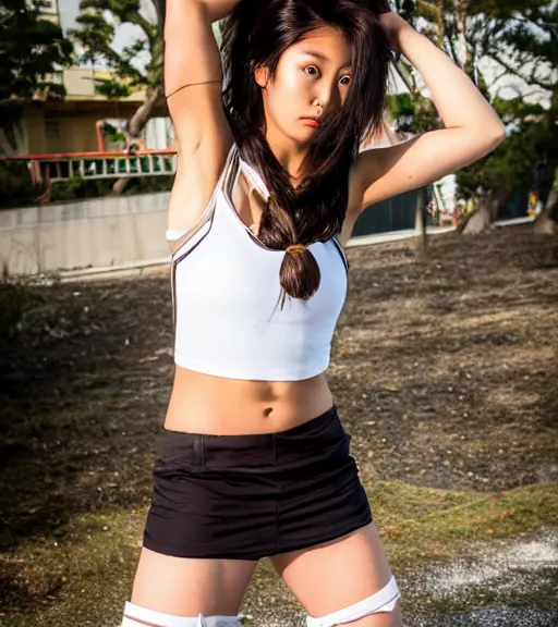 Prompt: an action photoshoot of akane owari, akane owari danganronpa, a toned japanese woman with dark tanned skin and wild wavy brown hair in a bob, hazel eyes, angular features, athletic body, buff, athletic fashion photography, sparring, dynamic pose, young and beautiful, white tank top, magazine cover, japanese facial features, full of energy