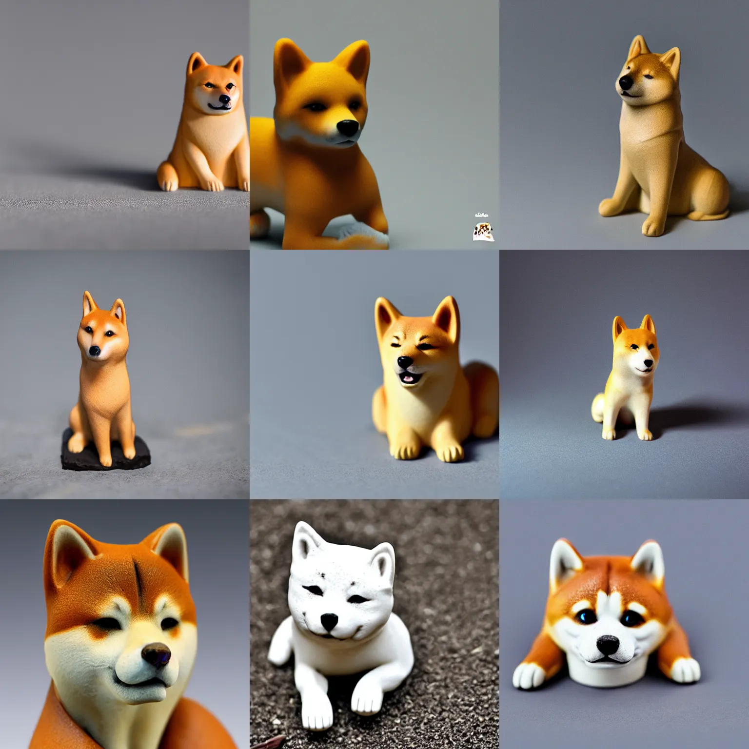 Prompt: shiba figurine, photography, clay, hyperrealistic, 8 k hd, faded background, plain background, very detailed, fur