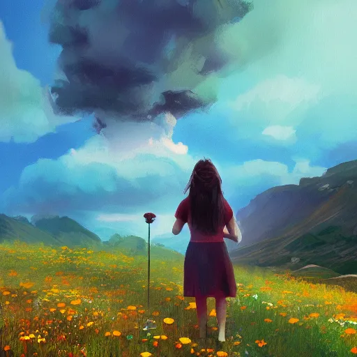 Image similar to giant daisy flower head, girl hiking in the mountains, surreal photography, sunrise, dramatic light, impressionist painting, colorful clouds, digital painting, artstation, simon stalenhag