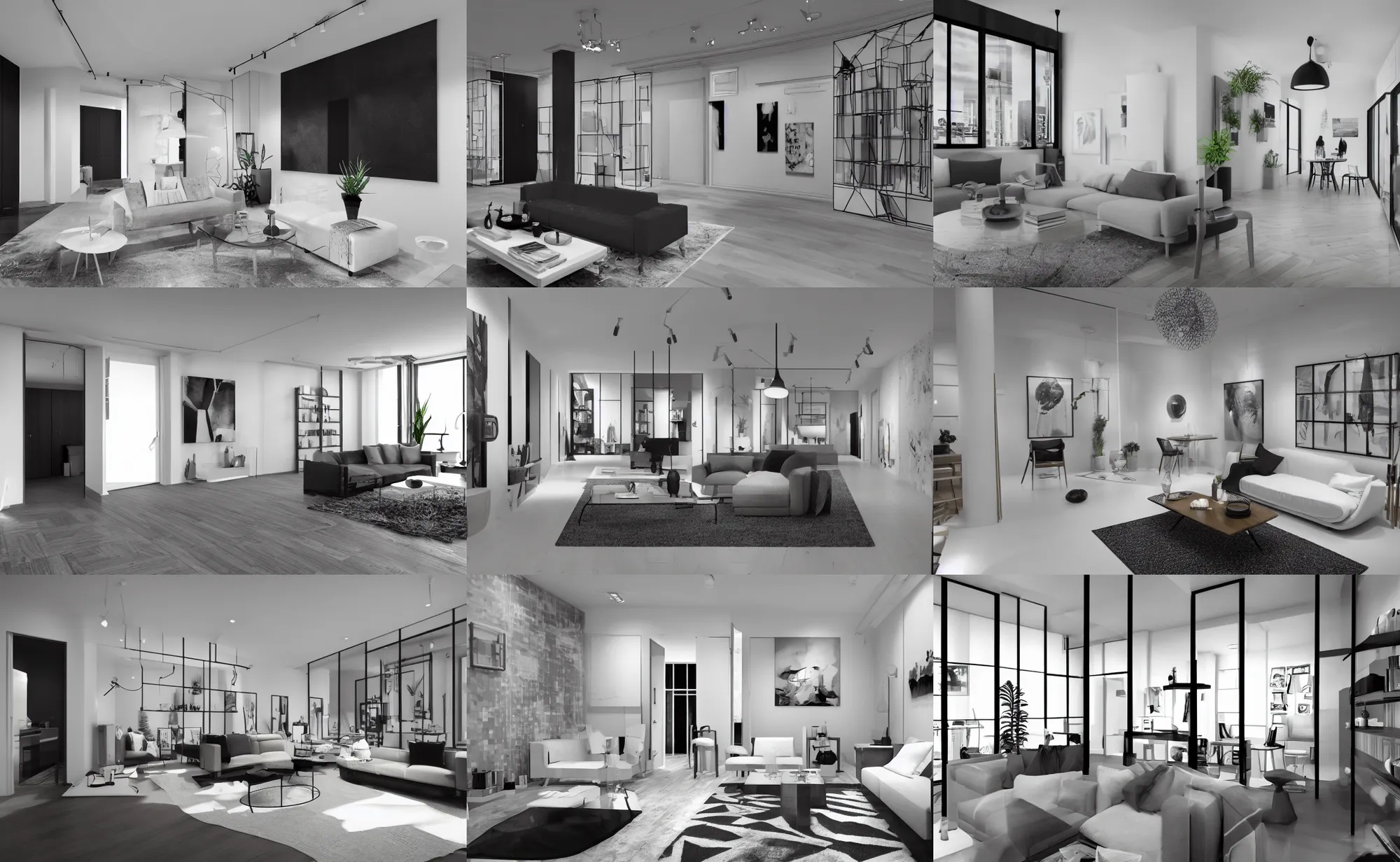 Image similar to well-detailed Liminal Space interior, showroom apartment, monochromatism hyper-realistic