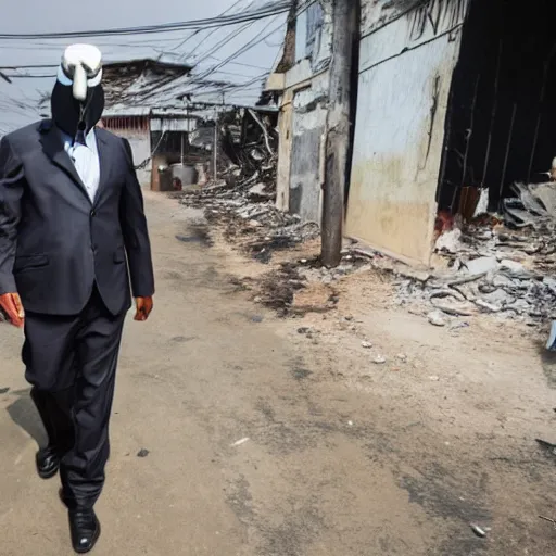 Image similar to photo of a man in a suit wearing a latex mask of a shoebill stork, at a favela, walking away from explosion, dramatic lighting