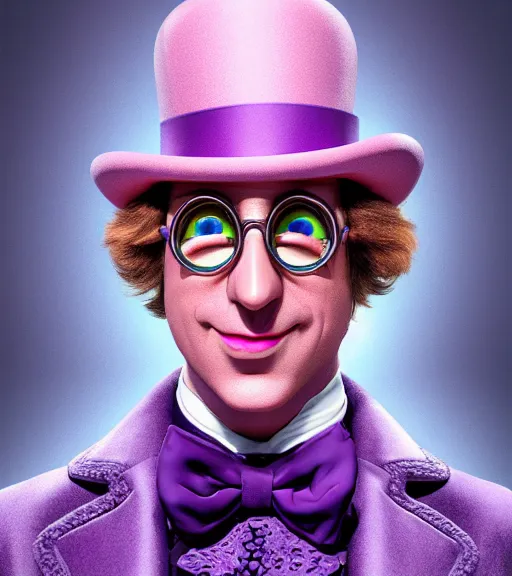 Prompt: Willy Wonka as a Muppet, product shot, macro, hyper realistic, symmetrical face, intricate, face, elegant, light purple mist, highly detailed, cityscape, dramatic lighting, sharp focus, octane render, raytracing, trending on artstation, deviantart, artstationHD, artstationHQ, unreal engine, 4k, 8k