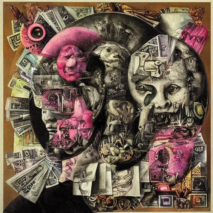 Image similar to post - punk new age album cover, asymmetrical design, dollar bank notes, capitalism, magic, apocalypse, psychedelic, black white pink, highly detailed, magic, giger h. r., giuseppe arcimboldo