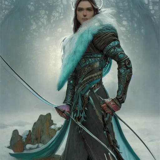 Prompt: an epic concept art of a handsome snow elf in a turquoise cape and silver armour, bow and arrow, albino skin, winter vibes, elegant, very coherent symmetrical artwork, by tomasz alen kopera and alphonse mucha and charlie bowater, photorealistic, sharp focus, octane render, rtx, hdr, unreal 5, trending on artstation