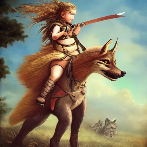 Prompt: a female child warrior holding a spear and riding a giant fox into war, photorealistic