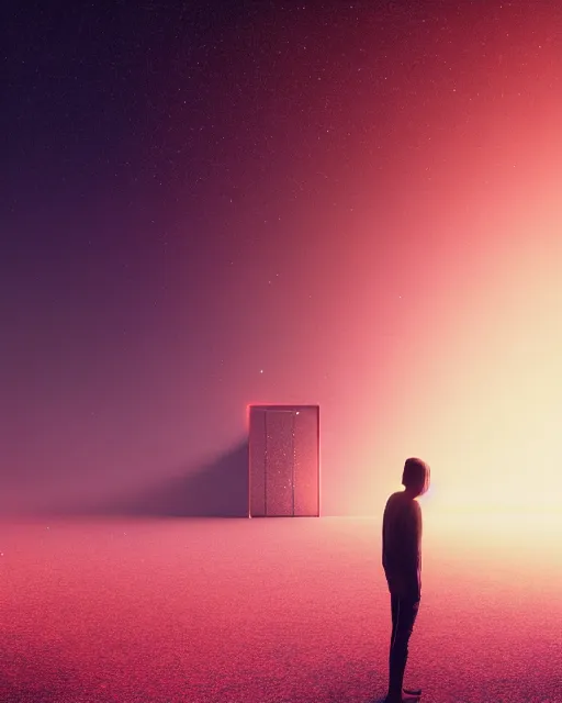 Prompt: a person standing in front of a glowy open door that's on a barren moon, poster art by mike winkelmann, trending on cg society, space art, sci - fi, ue 5, futuristic, volumetric lighting, light casting onto the ground, neat composition and camera angle