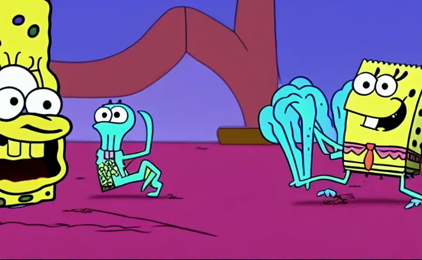 Image similar to film still from spongebob squarepants of squidward by stephen hillenburg