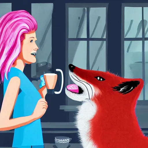 Prompt: captain janeway sharing coffee with a robotic fox with pink hair, inside a french cafe, digital art