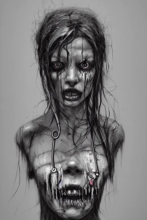 Image similar to charcoal cartoon grunge portrait of a creepy horror nurse girl . intricate abstract. intricate artwork. nightmare fuel. terrifying. by zdzisław Beksiński, wlop, dan mumford , trending on artstation, greg rutkowski very coherent symmetrical artwork. cinematic, hyper realism, high detail, octane render, 8k