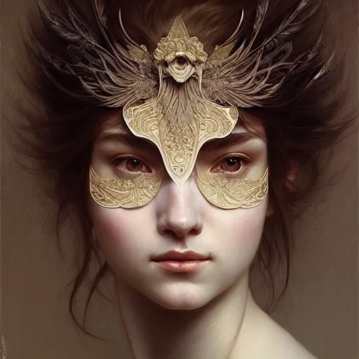 Image similar to Girl wearing an intricate mask made of delicate feathers, face, detailed, elegant, highly detailed, digital painting, artstation, concept art, smooth, sharp focus, illustration, art by Krenz Cushart and Artem Demura and alphonse mucha