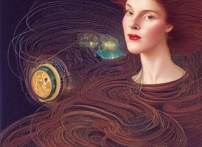 Image similar to portrait of a woman with swirling hair, illustration by James C. Christensen, retrofuturism, reimagined by industrial light and magic