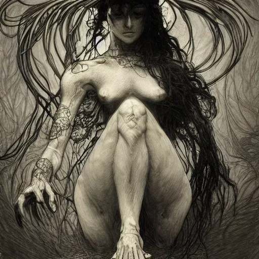 Image similar to gustave dore james gurney artstation hyperrealism photo - realistic demon hyperdetailed intricate beautiful interwoven fibers of death and solace solitude alphonse mucha yoji shinkawa apophasis shintaro kago junji ito esoteric hypnogogic ethereal ethereality dreamscape