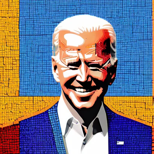 Image similar to portrait mosaic of joe biden with robot ears, 4k, intricate details, digital, sun in the background