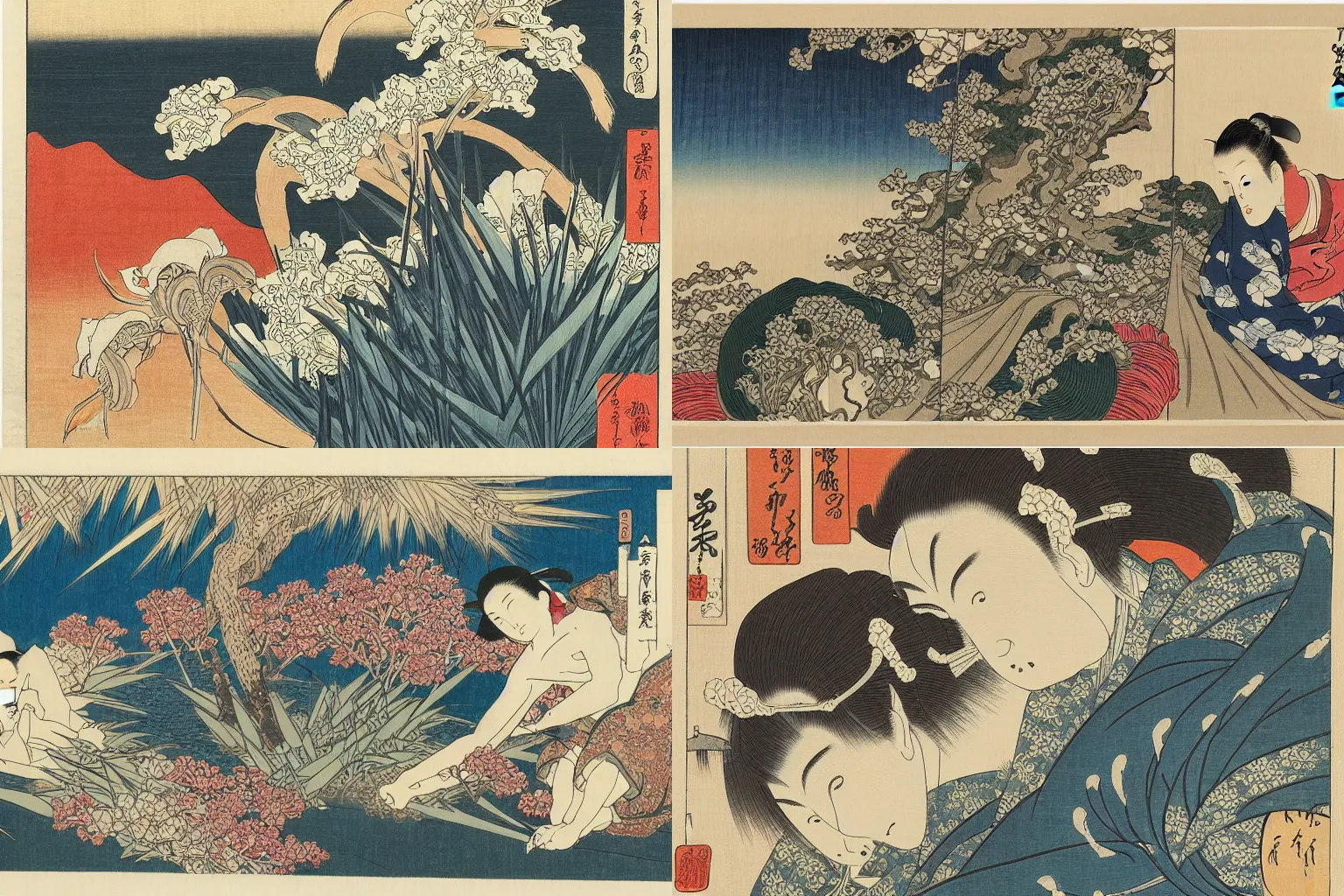 Prompt: an amazing ukiyoe drawing of a poetic scene with irises by katsushika hokusai and utagawa hiroshige, masterpiece, hyperdetailed!!!, intricate, complex, closeup, 4 k