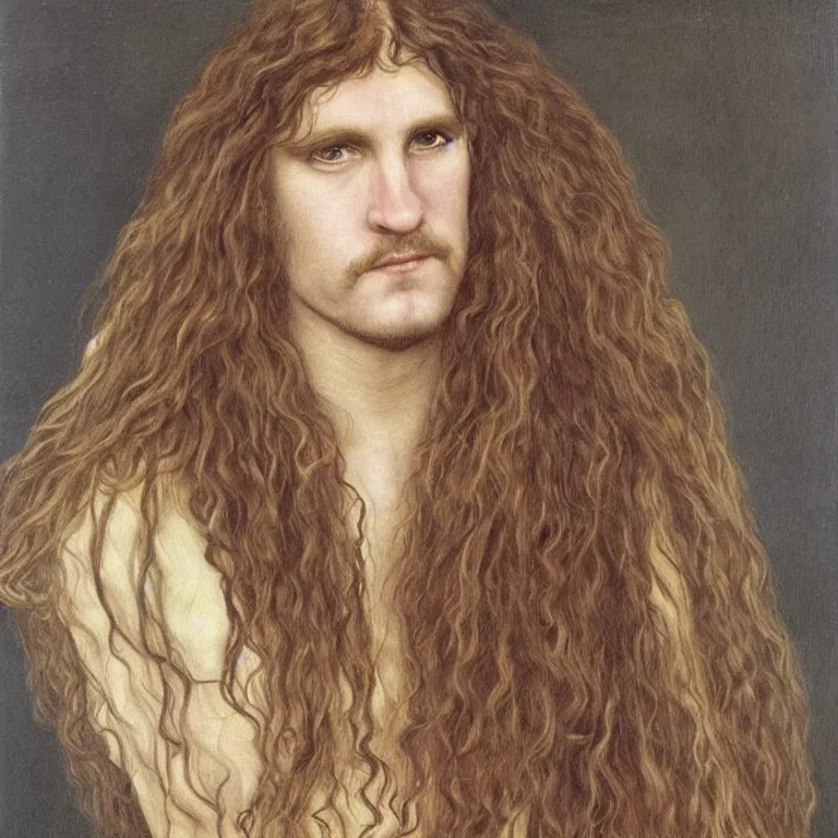 Prompt: Pre-Raphaelite portrait of 1980s thrash metal band leader singer, with very long blond hair and grey eyes