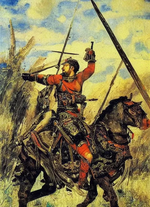 Image similar to warrior inspired a painting Heroes (Bogatyri) Viktor Vasnetsov