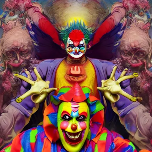 Image similar to 4K headshot of godlike clown with defined arms and open hands and bloody clothes with giant mandala wings , intricate clown face make-up , flawless anime cel animation by Kentaro Miura, psychedelic , highly detailed upper body , professionally post-processed , beautiful, scary, symmetry accurate features, epic, octane rendered, anime masterpiece, accurate