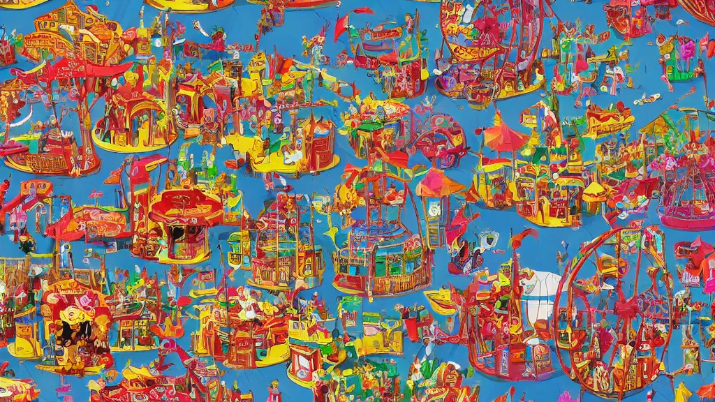 Image similar to carnival town, the horror carnival drawn in the style of a children's book. ferris wheel, circus tent, and carousel. disney style. cutesy, fun, and bright. color harmony, 8 k detail, gallery quality, hd wallpaper, premium prints available, hyper - detailed, intricate design.