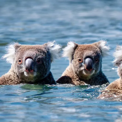 Image similar to 4 koalas swimming in the ocean as people watch