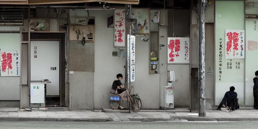 Image similar to an exterior of an abandoned internet cafe in japan, with the japanese sign and art of people playing computers