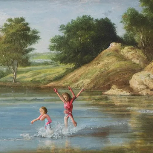 Prompt: landscape of river with two girls splashing on it in the background,