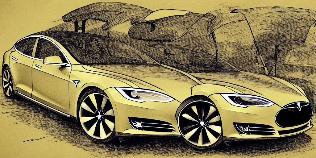 Image similar to tesla model s, yellowed paper, pen and ink, 1 5 0 0 s, 8 k resolution