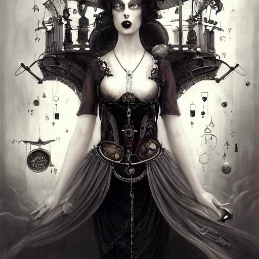 Prompt: By Tom Bagshaw, ultra realist soft painting of a curiosities carnival by night, Female steampunk Clown in full gothic dress, horror, omnious sky, symmetry accurate features, very intricate details, black and white, volumetric light clouds