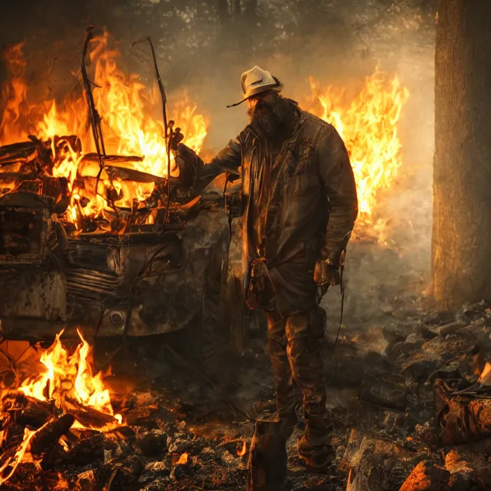 Image similar to gritty apocalyptic man smirking while dumping gas on a camp - fire, octane render, 4 k ultra hd, hyper - detailed, realistic, seedy lighting, sharp focus, fantasy dark art