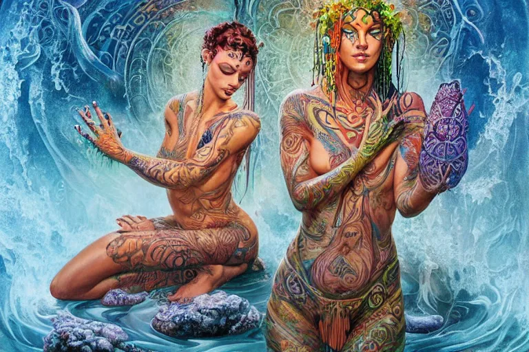 Prompt: a centered render of a alluring festival hippies with tribal tattoos surrounded by a underwater ink pour and flowing liquid galium and sacred geometry, perfect body face and hands, powerful, cinematic, beautifully lit, by artgerm, by karol bak, by donato giancola, by boris vallejo, 3 d, trending on artstation, octane render, 8 k