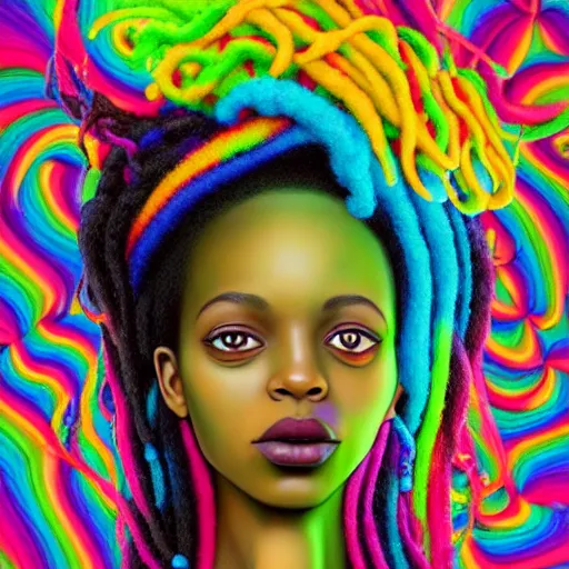 Image similar to a wide angle shot of a black girl with colorful dreadlocks in a field of candy, by Adi granov and afarin sajedi and amanda sage and evgeni gordiets and Agostino Arrivabene and adonna khare in a psychedelic portrait style, ultrarealistic matte painting, volumetric lighting, fractal, extremely symmetrical, highly detailed face, orisha, 8k, hd