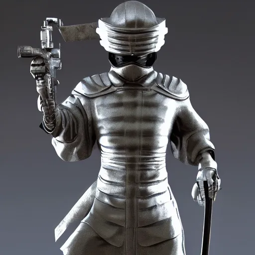 Image similar to 3 d rendering of marble and chrome statue of ninja wearing full face mask and hunter hat, dramatic pose, combat suit, technological, octane render