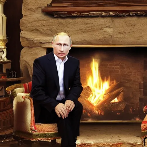 Image similar to vladimir putin in a waistcoat staring at a log fire photograph symmetric