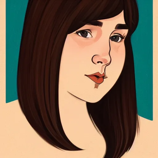 Image similar to chubby brunette woman with straight hair in a short bob, round face, romanian heritage, brown eyes, no bangs, digital art, cartoon, 8k, illustration, art nouveau, Alphonse Mucha, trending on artstation, medium shot, head shot