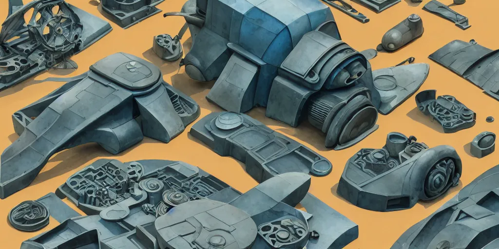 Prompt: collection of exploration of form and shapes, moebius, engine, props, hard surface, panel, simon stalenhag, kitbash, items, gadget, big medium small, close up, vehicles, futuristic, parts, machinery, greebles, insanely detailed, case, hardware, golden ratio, wes anderson color scheme, in watercolor gouache detailed paintings, sleek design, clear