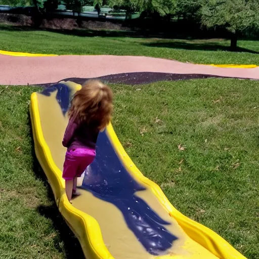 Image similar to kid going down chocolate pudding slip n slide head first, photo taken at the park