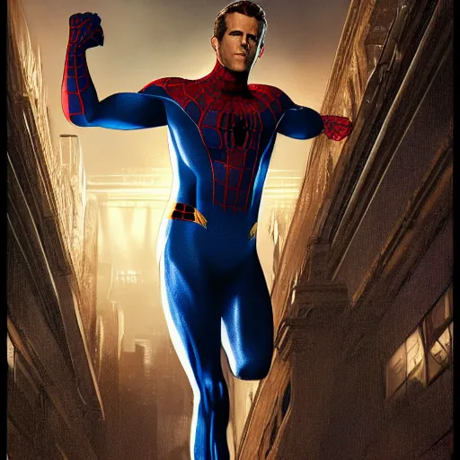 Image similar to ryan reynolds as a black and blue suit spider - man, cinematic, volumetric lighting, f 8 aperture, cinematic eastman 5 3 8 4 film, photorealistic by greg rutkowski, by stanley artgerm, by alphonse mucha