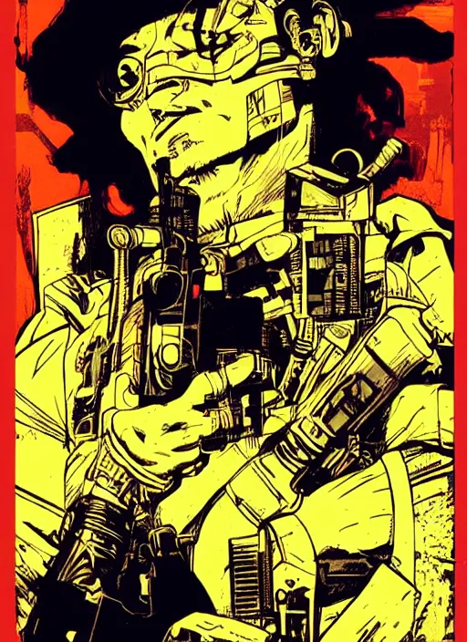 Image similar to hector. cyberpunk mercenary with scenic background. portrait illustration, pop art, art by ashley wood, alphonse mucha, laurie greasley and josan gonzales. cinematic. beautiful lighting.